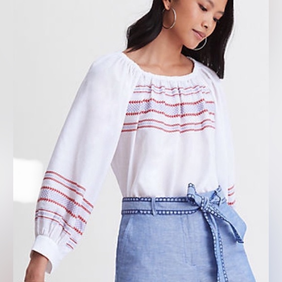 NWT Ann Taylor Embroidered Balloon Sleeve Blouse Long Sleeve Size L - Picture 2 of 7